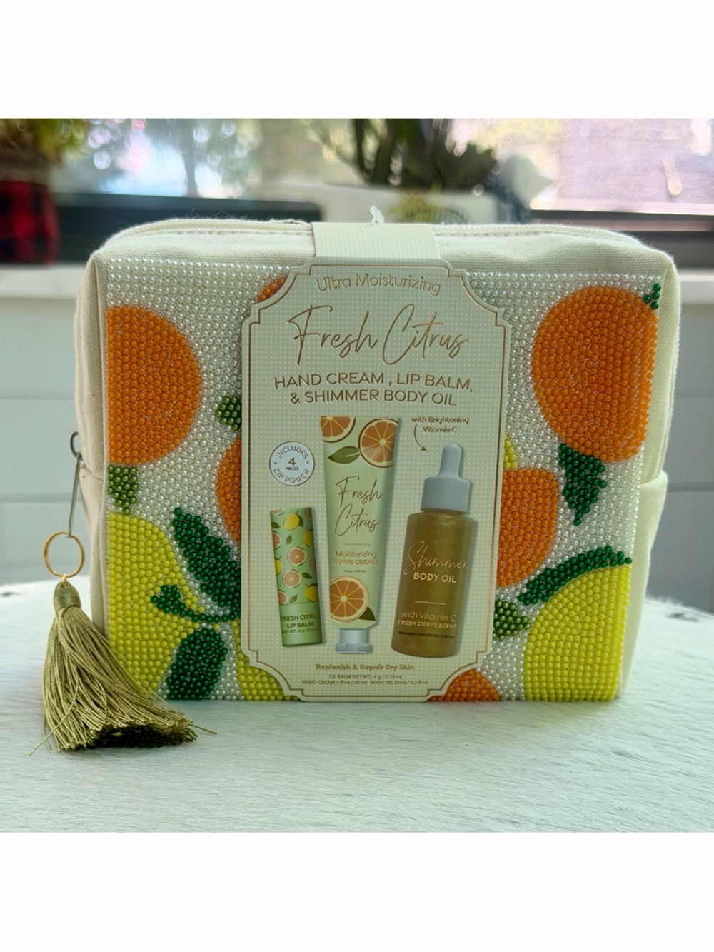 Enchante Fresh Citrus Spa Gift Set Beaded Pouch Hand Cream Body Oil Lip Balm NWT